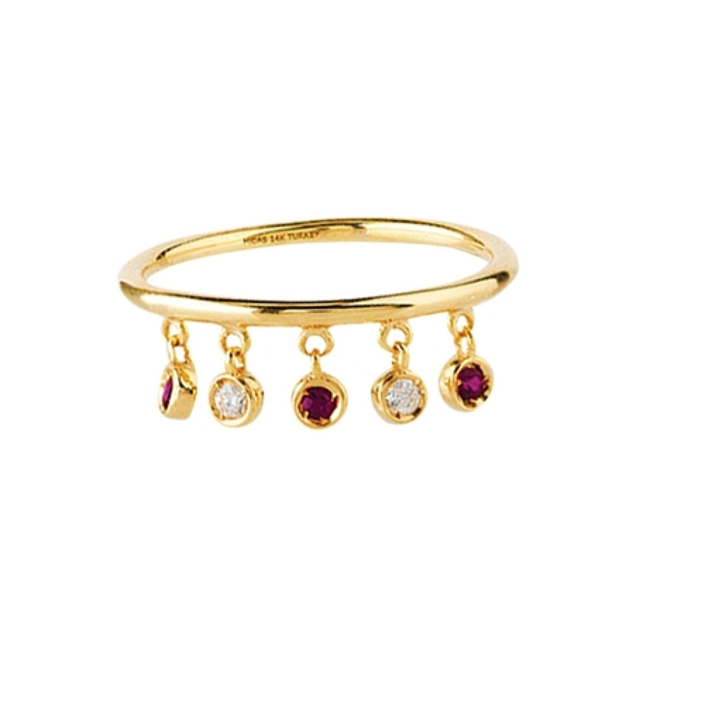 14K Yellow Gold Diamond Ruby Dangle Element Ring